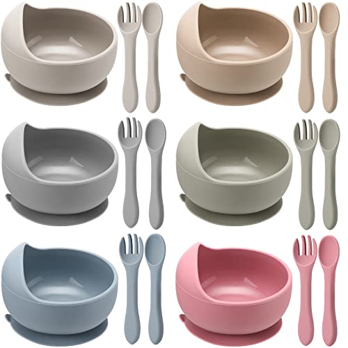 EBOOT 6 Set Baby Bowls with Suction Sets, Toddler Led Weaning Spoon and Fork Baby Utensils Suction Bowls Silicone Bowls for Baby Toddler First Stage Feeding Utensils by 