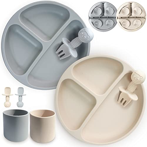JIFTOK 8 Pcs Baby Led Weaning Food Feeding Set: 2 Pcs Silicone Divided Suction Plates, 2 Pcs Silicone Cups with 2 Spoon and 2 Forks for Babies Kids Toddlers, BPA Free, 1st Self Feeding Utensils by JIFTOK