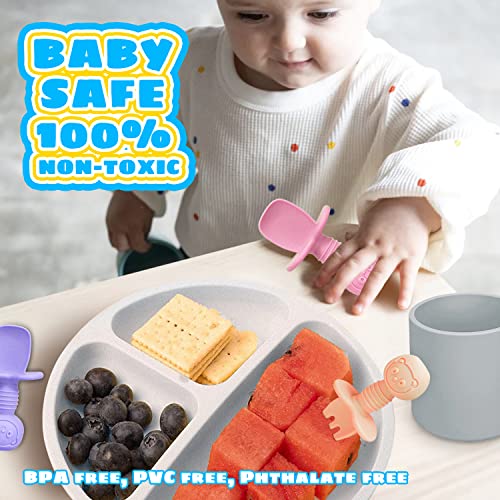 JIFTOK 8 Pcs Baby Led Weaning Food Feeding Set: 2 Pcs Silicone Divided Suction Plates, 2 Pcs Silicone Cups with 2 Spoon and 2 Forks for Babies Kids Toddlers, BPA Free, 1st Self Feeding Utensils by JIFTOK