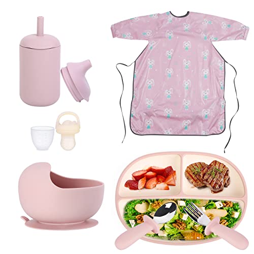 Utezena Baby Led Weaning Supplies, Silicone Baby Feeding Set - Baby Bowl Plates With Suction Cup Spoon Fork Feeder Coverall Bib - First Stage BLW Eating Utensils 6-12 Months (Dark Pink) from Utezena