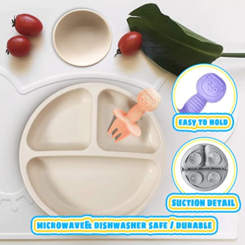 JIFTOK 8 Pcs Baby Led Weaning Food Feeding Set: 2 Pcs Silicone Divided Suction Plates, 2 Pcs Silicone Cups with 2 Spoon and 2 Forks for Babies Kids Toddlers, BPA Free, 1st Self Feeding Utensils by JIFTOK
