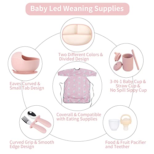 Utezena Baby Led Weaning Supplies, Silicone Baby Feeding Set - Baby Bowl Plates With Suction Cup Spoon Fork Feeder Coverall Bib - First Stage BLW Eating Utensils 6-12 Months (Dark Pink) from Utezena