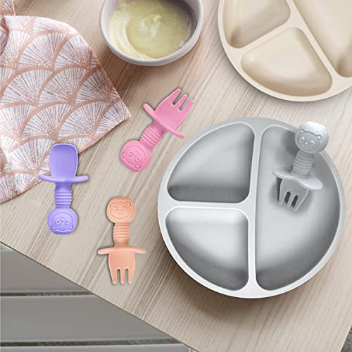 JIFTOK 8 Pcs Baby Led Weaning Food Feeding Set: 2 Pcs Silicone Divided Suction Plates, 2 Pcs Silicone Cups with 2 Spoon and 2 Forks for Babies Kids Toddlers, BPA Free, 1st Self Feeding Utensils by JIFTOK