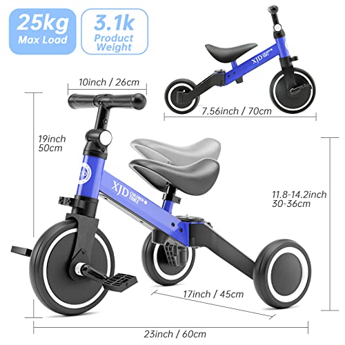 XJD 3 in 1 Kids Tricycles for 10 Month to 3 Years Old Kids Trike Toddler Bike Boys Girls Trikes for Toddler Tricycles Baby Bike Infant Trike with Adjustable Seat Height and Removable Pedal (Blue,1) by XJD