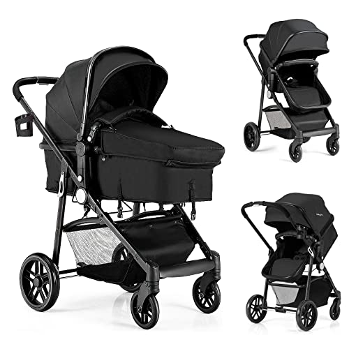 BABY JOY Baby Stroller, 2 in 1 Convertible Carriage Bassinet to Stroller, Pushchair with Foot Cover, Cup Holder, Large Storage Space, Wheels Suspension, 5-Point Harness (Black) by BABY JOY