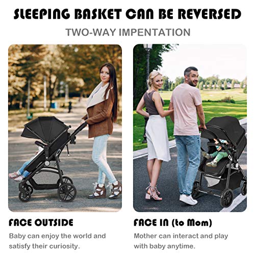 BABY JOY Baby Stroller, 2 in 1 Convertible Carriage Bassinet to Stroller, Pushchair with Foot Cover, Cup Holder, Large Storage Space, Wheels Suspension, 5-Point Harness (Black) by BABY JOY