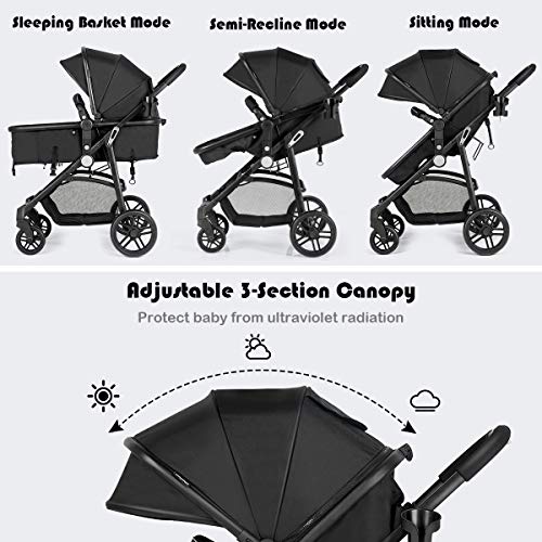 BABY JOY Baby Stroller, 2 in 1 Convertible Carriage Bassinet to Stroller, Pushchair with Foot Cover, Cup Holder, Large Storage Space, Wheels Suspension, 5-Point Harness (Black) by BABY JOY