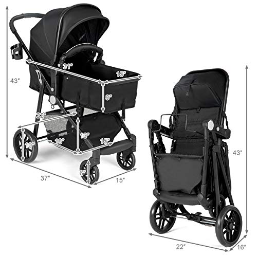 BABY JOY Baby Stroller, 2 in 1 Convertible Carriage Bassinet to Stroller, Pushchair with Foot Cover, Cup Holder, Large Storage Space, Wheels Suspension, 5-Point Harness (Black) by BABY JOY