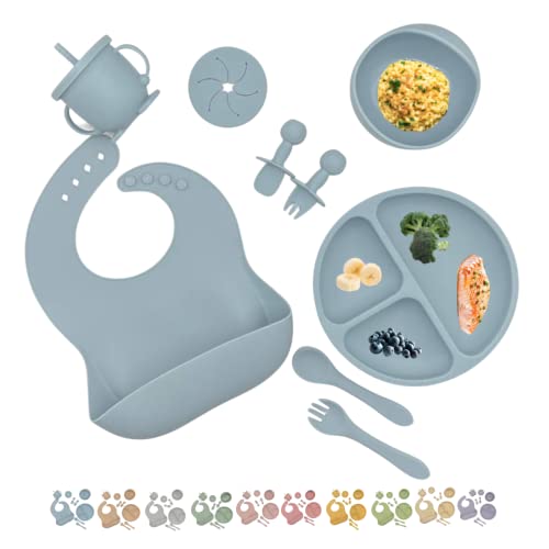 Baby Led Weaning 10 Piece Feeding Eating Supplies | Strong Suction Plate Silicone Cup Snack Lid Drink Lid with Straw Silicone Suction Bowl Bib Spoons Forks Baby Tableware Set 6MonthsToToddler (Blue) by Aisen Silicone