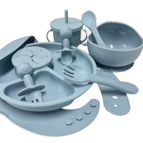 Baby Led Weaning 10 Piece Feeding Eating Supplies | Strong Suction Plate Silicone Cup Snack Lid Drink Lid with Straw Silicone Suction Bowl Bib Spoons Forks Baby Tableware Set 6MonthsToToddler (Blue) by Aisen Silicone