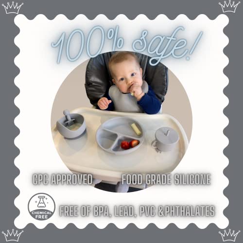 Baby Led Weaning 10 Piece Feeding Eating Supplies | Strong Suction Plate Silicone Cup Snack Lid Drink Lid with Straw Silicone Suction Bowl Bib Spoons Forks Baby Tableware Set 6MonthsToToddler (Blue) by Aisen Silicone