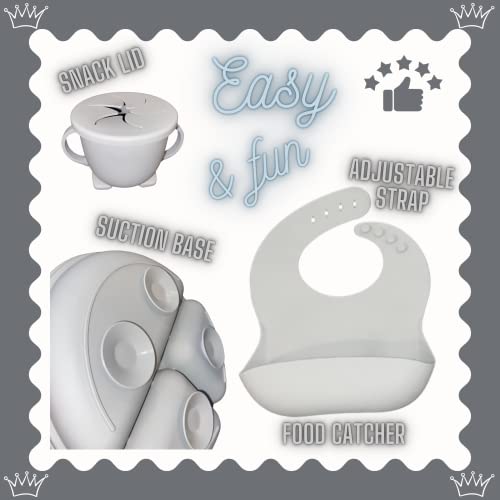 Baby Led Weaning 10 Piece Feeding Eating Supplies | Strong Suction Plate Silicone Cup Snack Lid Drink Lid with Straw Silicone Suction Bowl Bib Spoons Forks Baby Tableware Set 6MonthsToToddler (Blue) by Aisen Silicone