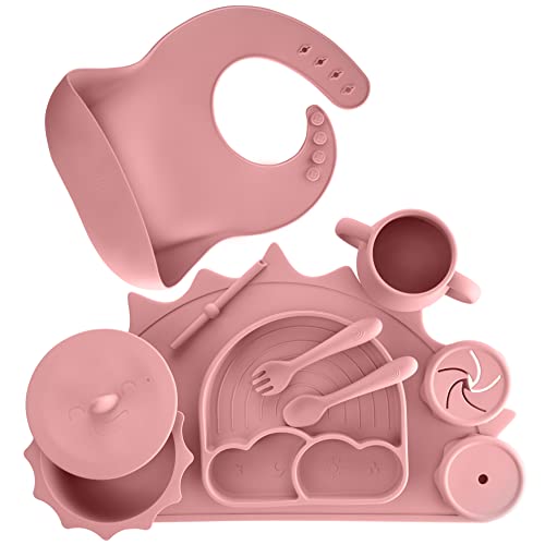 Baby Pastels - Baby Feeding Set - Baby Led Weaning Supplies - Silicone Suction Utensils/Cutlery/Dishes/Dinnerware for 6-36 months - Bowl, Plate, Spoon Fork, Bib, Placemat, Cup 11 Pieces (Pastel Pink) from Baby Pastels