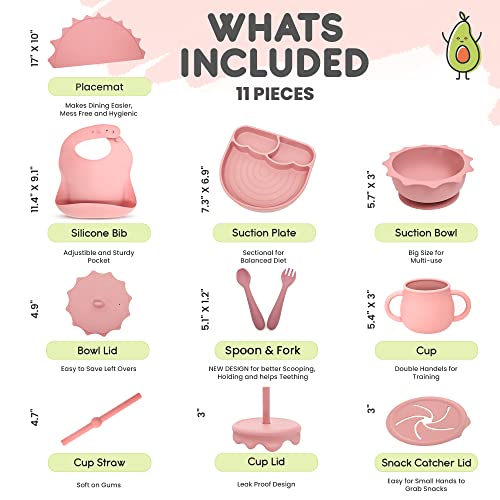 Baby Pastels - Baby Feeding Set - Baby Led Weaning Supplies - Silicone Suction Utensils/Cutlery/Dishes/Dinnerware for 6-36 months - Bowl, Plate, Spoon Fork, Bib, Placemat, Cup 11 Pieces (Pastel Pink) from Baby Pastels