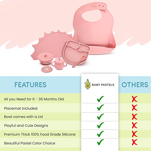 Baby Pastels - Baby Feeding Set - Baby Led Weaning Supplies - Silicone Suction Utensils/Cutlery/Dishes/Dinnerware for 6-36 months - Bowl, Plate, Spoon Fork, Bib, Placemat, Cup 11 Pieces (Pastel Pink) from Baby Pastels