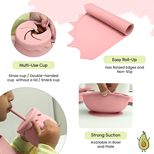 Baby Pastels - Baby Feeding Set - Baby Led Weaning Supplies - Silicone Suction Utensils/Cutlery/Dishes/Dinnerware for 6-36 months - Bowl, Plate, Spoon Fork, Bib, Placemat, Cup 11 Pieces (Pastel Pink) from Baby Pastels