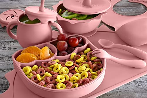 Baby Pastels - Baby Feeding Set - Baby Led Weaning Supplies - Silicone Suction Utensils/Cutlery/Dishes/Dinnerware for 6-36 months - Bowl, Plate, Spoon Fork, Bib, Placemat, Cup 11 Pieces (Pastel Pink) from Baby Pastels