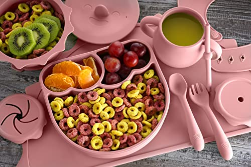 Baby Pastels - Baby Feeding Set - Baby Led Weaning Supplies - Silicone Suction Utensils/Cutlery/Dishes/Dinnerware for 6-36 months - Bowl, Plate, Spoon Fork, Bib, Placemat, Cup 11 Pieces (Pastel Pink) from Baby Pastels