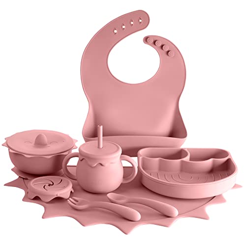 Baby Pastels - Baby Feeding Set - Baby Led Weaning Supplies - Silicone Suction Utensils/Cutlery/Dishes/Dinnerware for 6-36 months - Bowl, Plate, Spoon Fork, Bib, Placemat, Cup 11 Pieces (Pastel Pink) from Baby Pastels