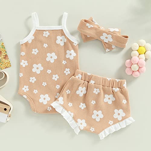 Kupretty Baby Girl Summer Clothes Floral Waffle Knit Sleeveless Strap Romper Ruffle Shorts Bloomers Headband Set (Khaki, 3-6 Months) by Kupretty