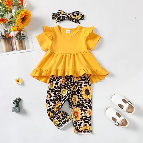 Kucnuzki 2T 3T Girl Clothes Toddler Girl Cute Outfit Short Sleeve Yellow Ruffle Shirt Tops Floral Pants Set for 2 3 Year Old Girl Little Girl Summer Clothes from Kucnuzki