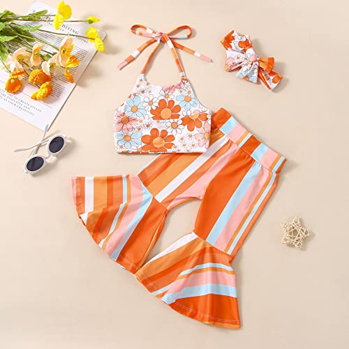 Kupretty Baby Girl Summer Clothes Toddler Bell Bottoms Outfits Flower Halter Crop Top Rainbow Stripes Flare Pants Set (Floral Rainbow, 18-24 Months) from Kupretty