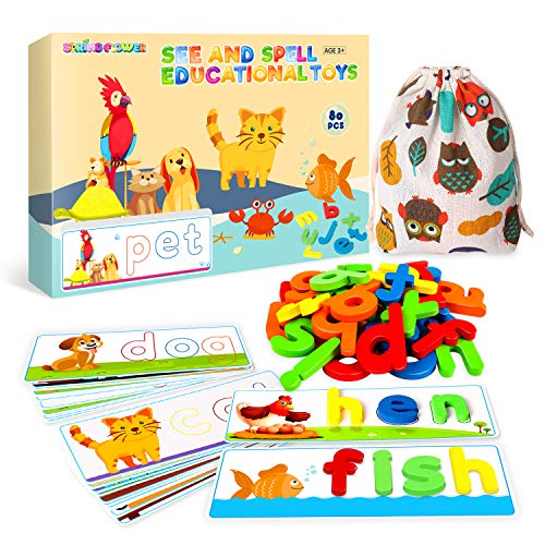 SpringFlower See & Spell Matching Letter Toy,Learning Educational Toy For 3 4 5 6 Years Old Boys And Girls,Preschool Learning Activities,Shape & Color Recognition Game,Cvc Word Builders For Kids,80Pcs by Shang gao xian fang bei gong yi pin you xian gong s