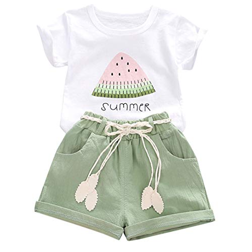 YOUNGER TREE Toddler Baby Girls Clothes Watermelon T-Shirt + Linen Shorts with Belt Cute Summer Short Set (Green, 2-3 T) from 