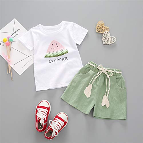 YOUNGER TREE Toddler Baby Girls Clothes Watermelon T-Shirt + Linen Shorts with Belt Cute Summer Short Set (Green, 2-3 T) from 