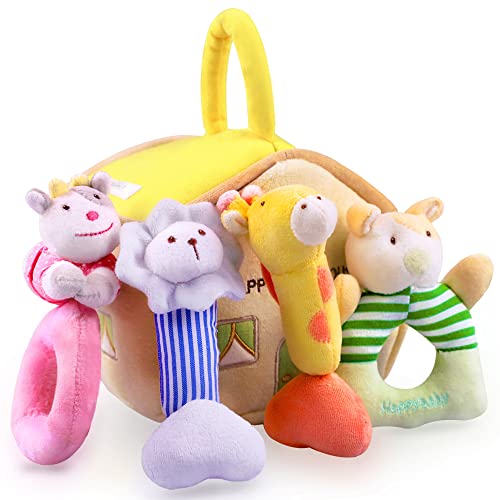 iPlay, iLearn 4 Plush Baby Soft Rattle Toys, Hand Grab Sensory Shaker, Organic Farm Stuffed Animal Set, Infant Easter Basket Girls, Newborn Shower Gift for 2 3 6 9 12 18 Month 1 Year Old Boys Toddlers by iPlay, iLearn