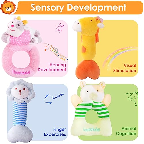 iPlay, iLearn 4 Plush Baby Soft Rattle Toys, Hand Grab Sensory Shaker, Organic Farm Stuffed Animal Set, Infant Easter Basket Girls, Newborn Shower Gift for 2 3 6 9 12 18 Month 1 Year Old Boys Toddlers by iPlay, iLearn