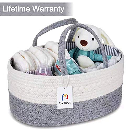 Conthfut Baby Diaper Caddy Organizer 100% Cotton Rope Nursery Storage Bin for Boys and Girls Large Tote Bag & Car Organizer with Removable Inserts Baby Shower Basket by Conthfut