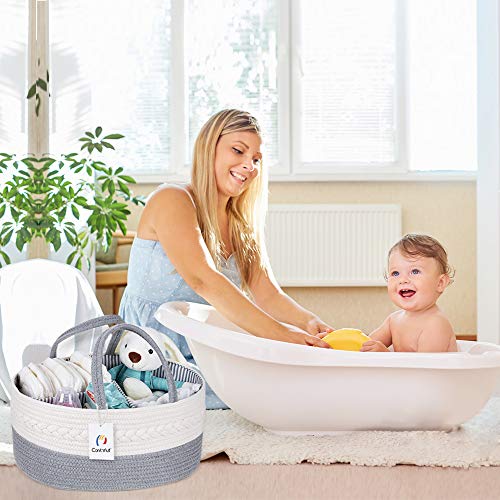 Conthfut Baby Diaper Caddy Organizer 100% Cotton Rope Nursery Storage Bin for Boys and Girls Large Tote Bag & Car Organizer with Removable Inserts Baby Shower Basket by Conthfut