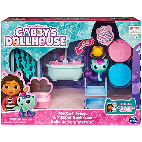 Gabby's Dollhouse, Primp and Pamper Bathroom with Mercat Figure, 3 Accessories, 3 Furniture and 2 Deliveries, Kids Toys for Ages 3 and up from Spin Master
