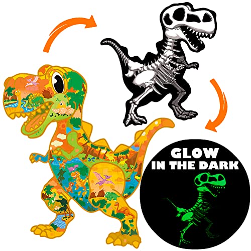 JIGJOJO Floor Puzzles for Kids Ages 5-10, Double-Sided Dinosaur Puzzle, Toddler Toys and Gifts for Kids Boys Girls, Glow in The Dark Animal Shaped Jigsaw Puzzles, T-Rex from JIGJOJO
