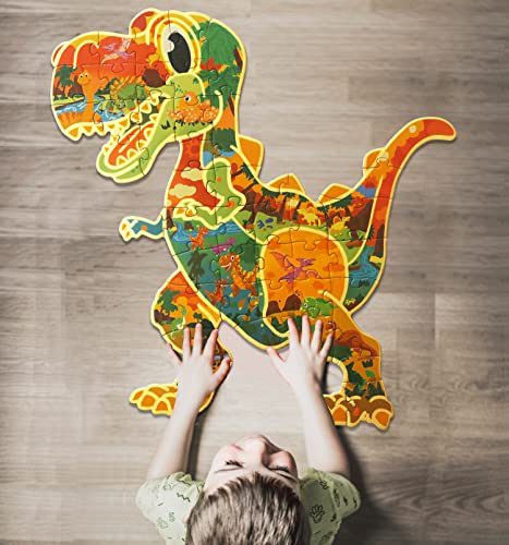 JIGJOJO Floor Puzzles for Kids Ages 5-10, Double-Sided Dinosaur Puzzle, Toddler Toys and Gifts for Kids Boys Girls, Glow in The Dark Animal Shaped Jigsaw Puzzles, T-Rex from JIGJOJO