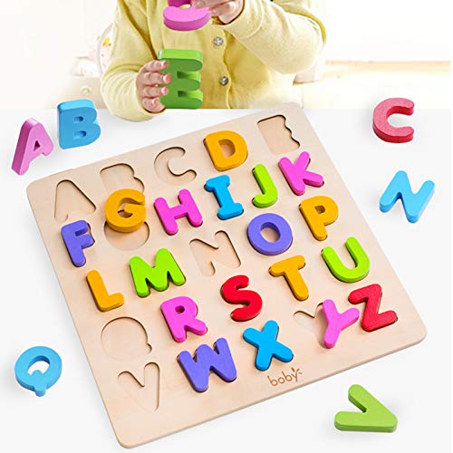 Wooden Alphabet Puzzle Toys, ABC Letter & Number Puzzle for Toddlers 18+ Months Old, Preschool Learning Toys for Kids, Educational Name Puzzle Gift for Boys and Girls (Alphabet Puzzle) by KIDS TOYLAND