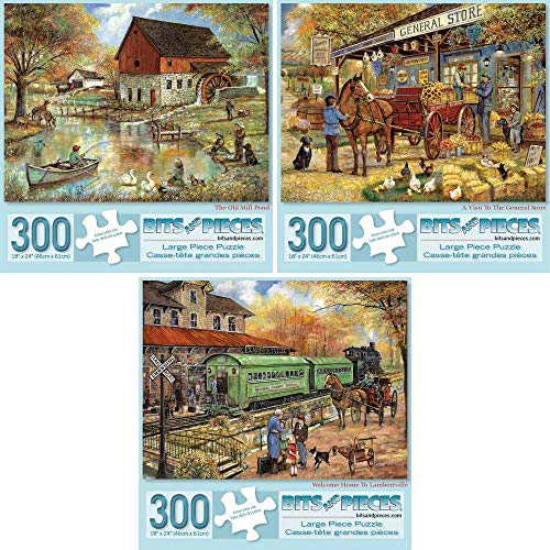 Bits and Pieces - Value Set of Three (3) 300 Piece Jigsaw Puzzles for Adults - Puzzles Measure 18" x 24" - 300 pc Old Mill Pond, Visit to General Store, Welcome Home Jigsaws by Artist Ruane Manning from Melville Direct