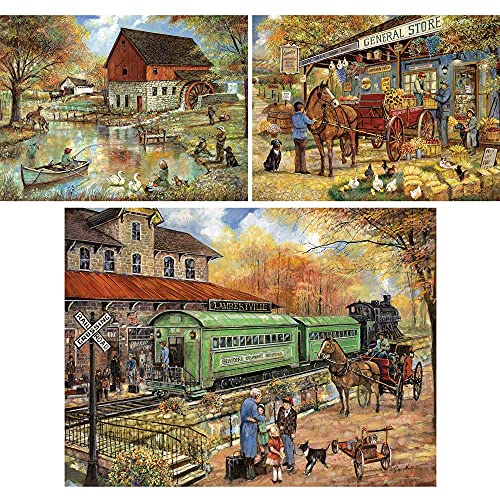 Bits and Pieces - Value Set of Three (3) 300 Piece Jigsaw Puzzles for Adults - Puzzles Measure 18" x 24" - 300 pc Old Mill Pond, Visit to General Store, Welcome Home Jigsaws by Artist Ruane Manning from Melville Direct