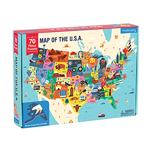 Mudpuppy Map of the United States of America Puzzle, 70 Pieces, 23âx16.5", Ideal for Kids Age 5+, Learn all 50 States by Name & Capital, Double-Sided Geography Puzzle with Pieces Shaped like the State from Mudpuppy