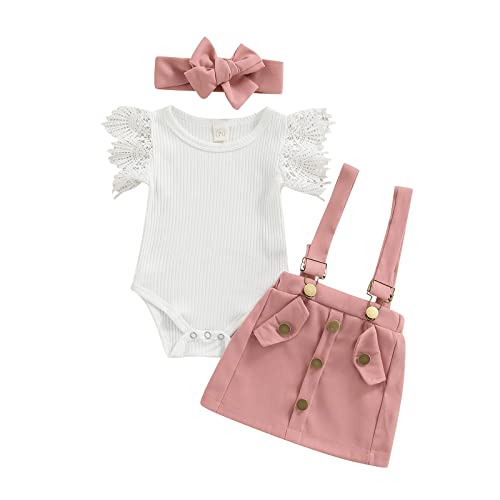 Infant Girls Summer 3Pcs Outfit Sets Ruffle Short Sleeve Ribbed Romper + Suspender Skirt + Headband (Pink, 3-6 Months) from Madjtlqy