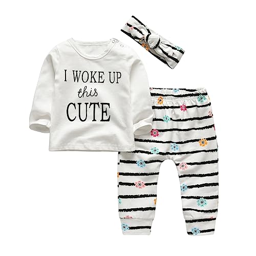 3Pcs Baby Girl Outfits Set I Woke Up This Cute Long Sleeve T-Shirt Tops Flowers Pants with Headband (6-9 Months) by 