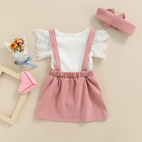 Infant Girls Summer 3Pcs Outfit Sets Ruffle Short Sleeve Ribbed Romper + Suspender Skirt + Headband (Pink, 3-6 Months) from Madjtlqy