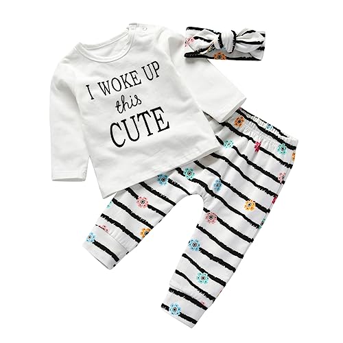 3Pcs Baby Girl Outfits Set I Woke Up This Cute Long Sleeve T-Shirt Tops Flowers Pants with Headband (6-9 Months) by 