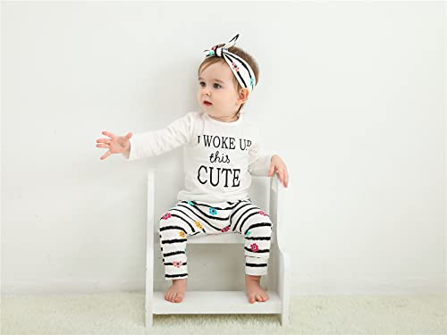 3Pcs Baby Girl Outfits Set I Woke Up This Cute Long Sleeve T-Shirt Tops Flowers Pants with Headband (6-9 Months) by 