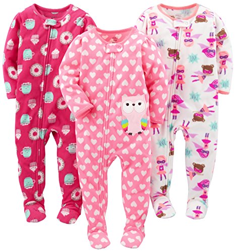 Simple Joys by Carter's Toddler Girls' Loose Fit Fleece Footed Pajamas, Pack of 3, Superhero/Donut/Owl, 18 Months by Carter's Simple Joys - Private Label