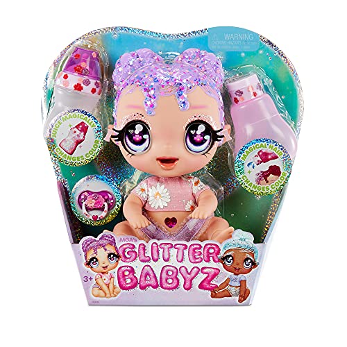 MGA Entertainment Glitter BABYZ Lila Wildboom Baby Doll with 3 Magical Color Changes, Purple Hair , Flower Outfit, Diaper, Bottle, Pacifier Gift for Kids, Toy for Girls Boys Ages 3 4 5+ Years Old by MGA Entertainment