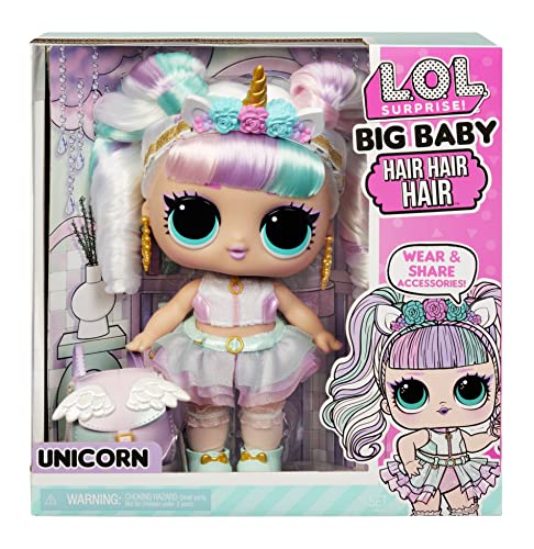 LOL Surprise Big Baby Hair Hair Hair Large 11" Unicorn Doll w/ 14 Surprises Including Shareable Accessories & Blue Pink Hair & Dress, Holiday Toy Playset, Great Gift for Kids Girls Ages 4 5 6+ Years from MGA Entertainment
