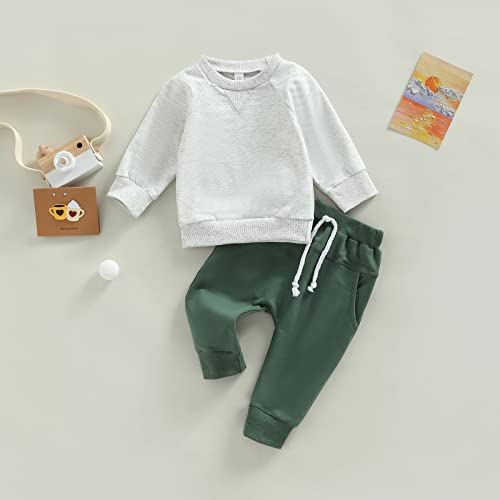 Toddler Baby Boy Clothes Solid Color Long Sleeve Crewneck Sweatshirt Top Casual Pants Set 2Pcs Fall Winter Outfits (Gray & Green, 12-18 Months) by MA&BABY