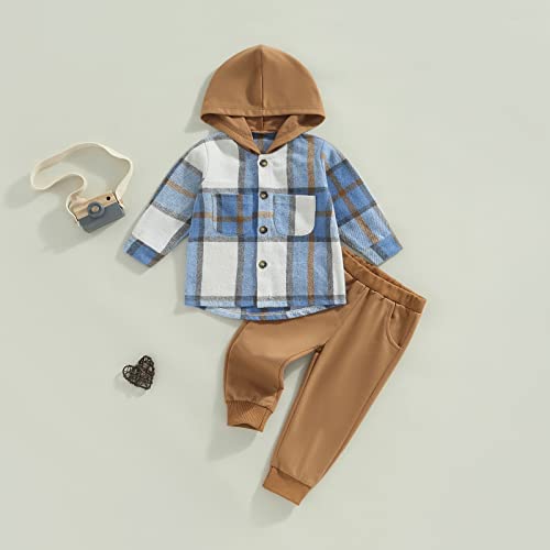 Toddler Baby Boy Clothes Button Flannel Hooded Plaid Shirt Tops Sweatpants Kids Boys Fall Winter Outfits Set (A Blue, 3-4 Years) from AEEMCEM